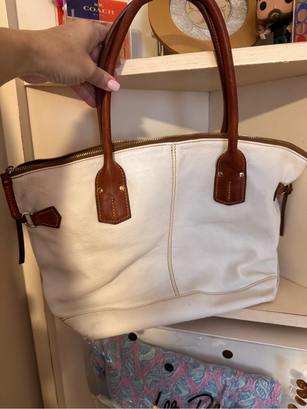 Dooney & Bourke White Leather Tote with Brown Trim and Handles - Picture 7 of 16